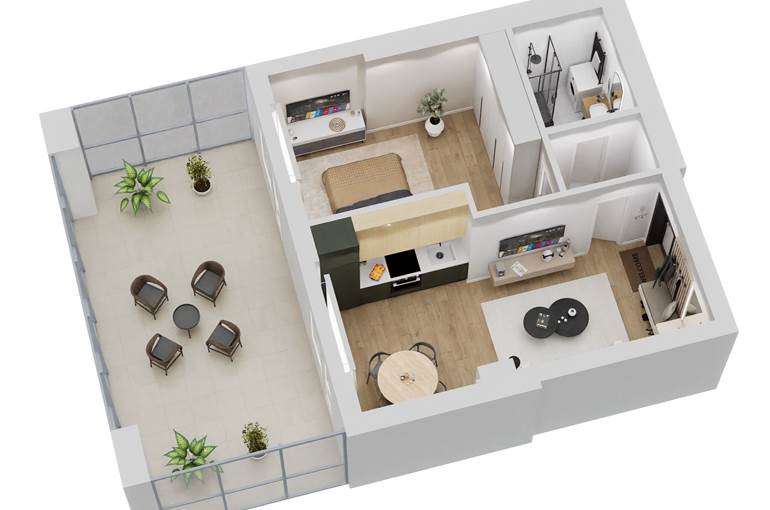 Bilocale render tipo arredi lato giorno est