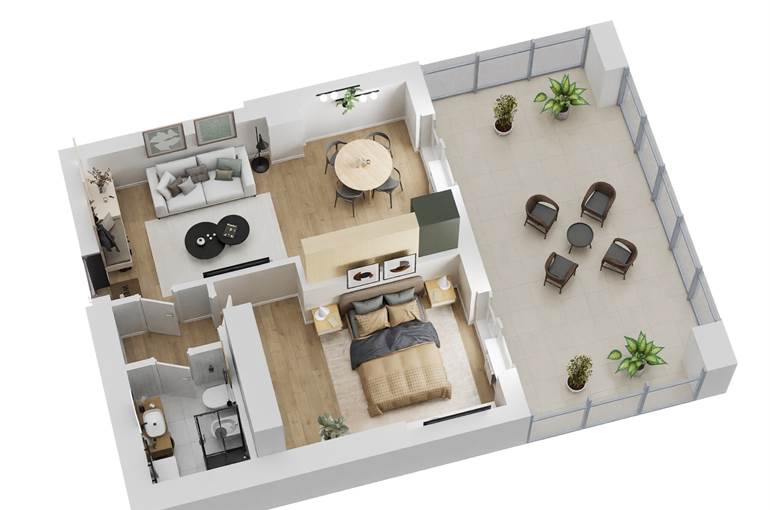 Bilocale render tipo arredi lato notte est