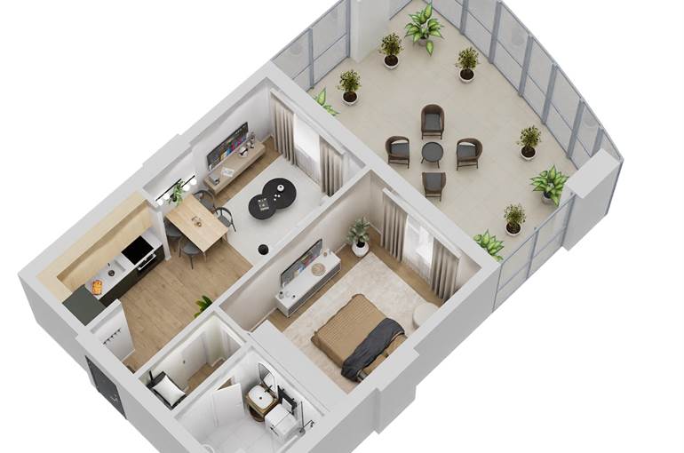 Bilocale render tipo arredi lato giorno ovest a