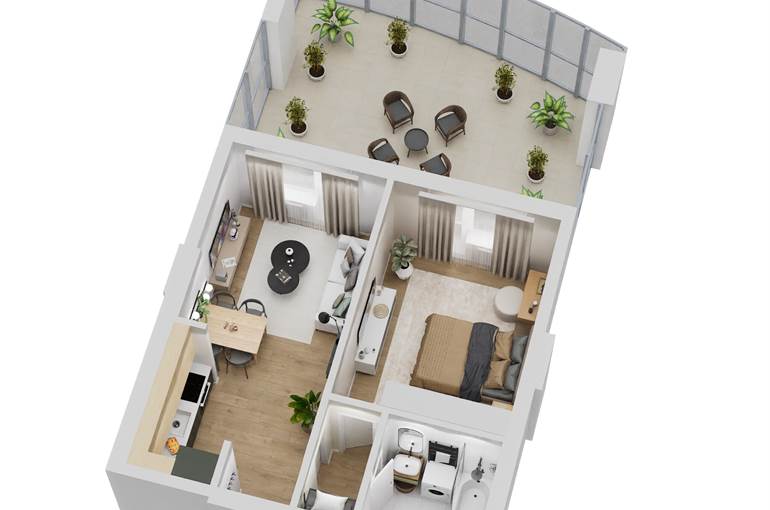 Bilocale render tipo arredi lato notte ovest a