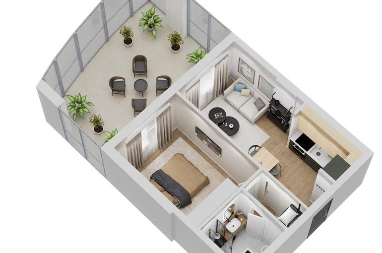 Bilocale render tipo arredi lato giorno ovest b