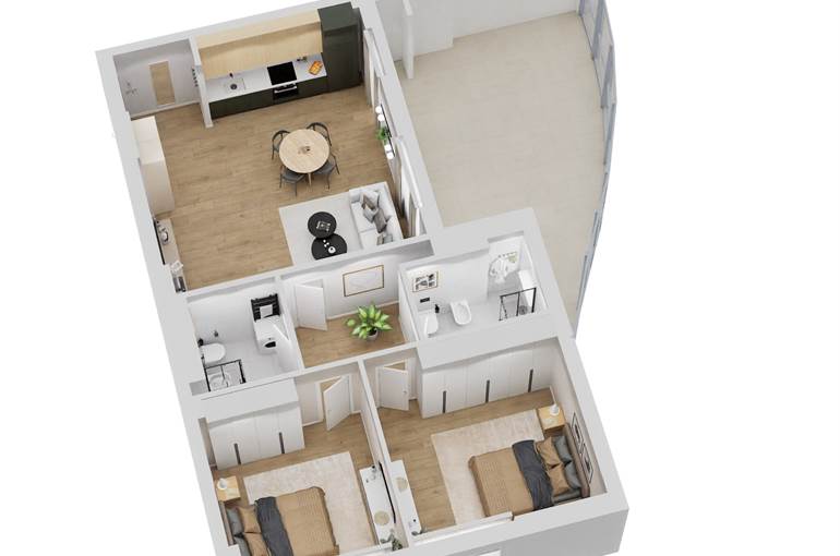 Trilocale render tipo arredi lato notte sud_ovest